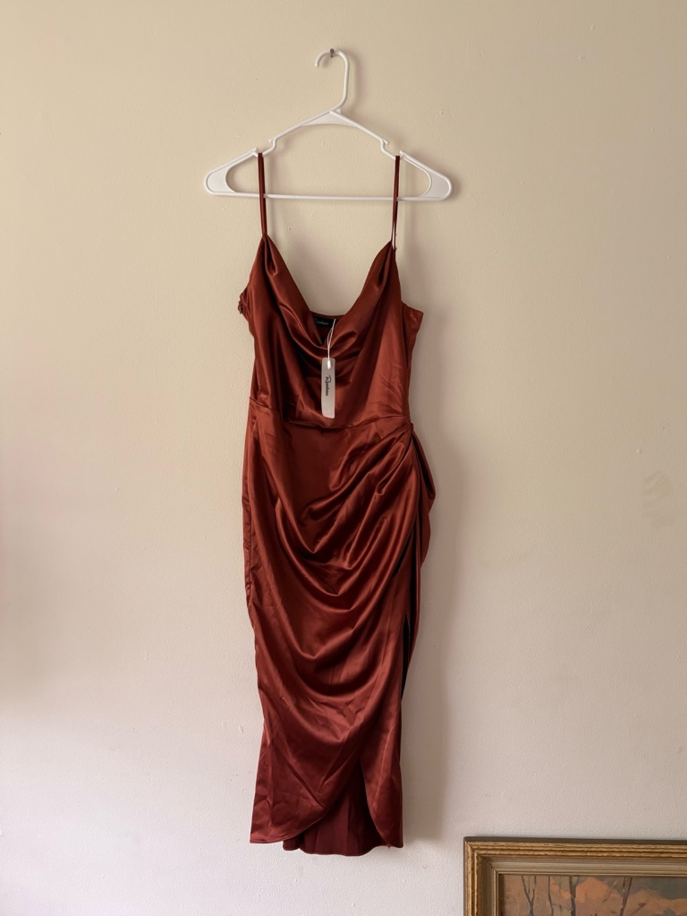 Cowl Neck Satin Midi Dress in Rust with Draped Side